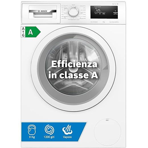 Bosch WAN24009II Serie 4 Lavatrice a carica frontale, 9 kg, 1200 giri, Classe energetica A, motore inverter con 10 anni di garanzia, riduce le pieghe e facilita la stiratura, Bianco, 60 Cm