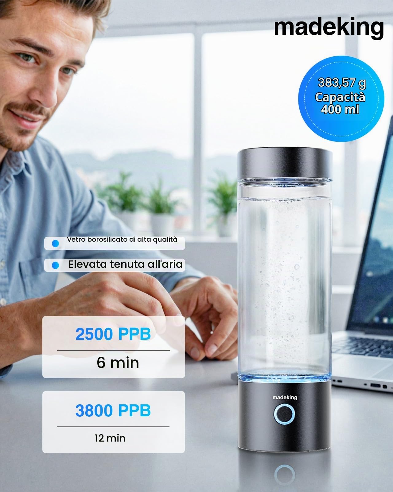 Generatore di bottiglie d'acqua di idrogeno - 400ml ricaricabile idrogeno acqua ionizzatore macchina, vetro portatile idrogeno tazza ricca di acqua Maker, buona per il regalo (nero)