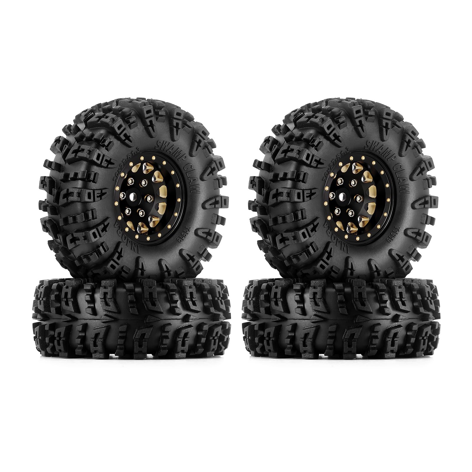 INJORA 1.3" Wheel Tires Set S5 Swamp Claw Mud Terrain Tires 70 * 27mm for 1/18 1/24 RC Crawler Car, Black Glod