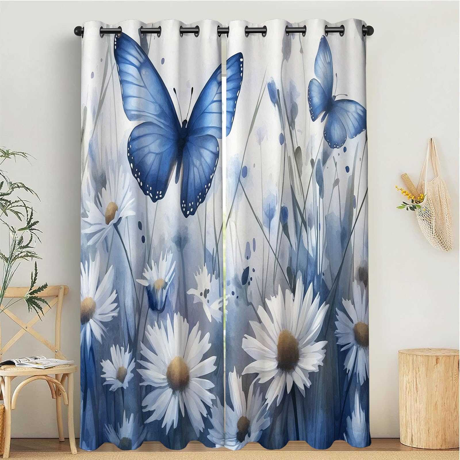 Rideau occultant bleu motif papillon 140x175 cm lot de 2 pour la chambre