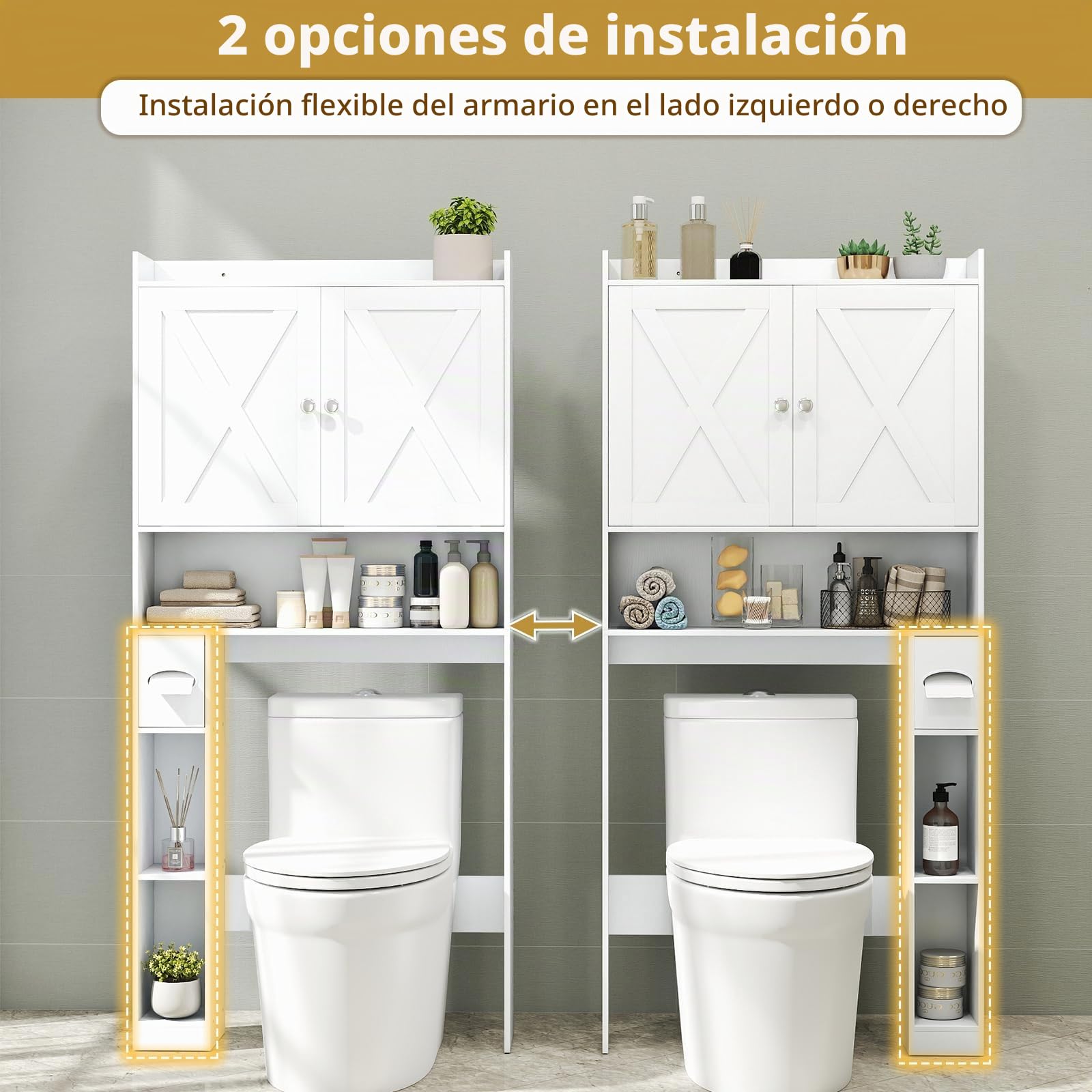 LIFEZEAL Estantería de baño para Ahorrar Espacio sobre Inodoro, Inodoro, Lavadora, Mueble con Barra Ajustable para adaptabilidad, Porta Papel higiénico, Puertas, estantes, Armario, Moderno (Blanco)