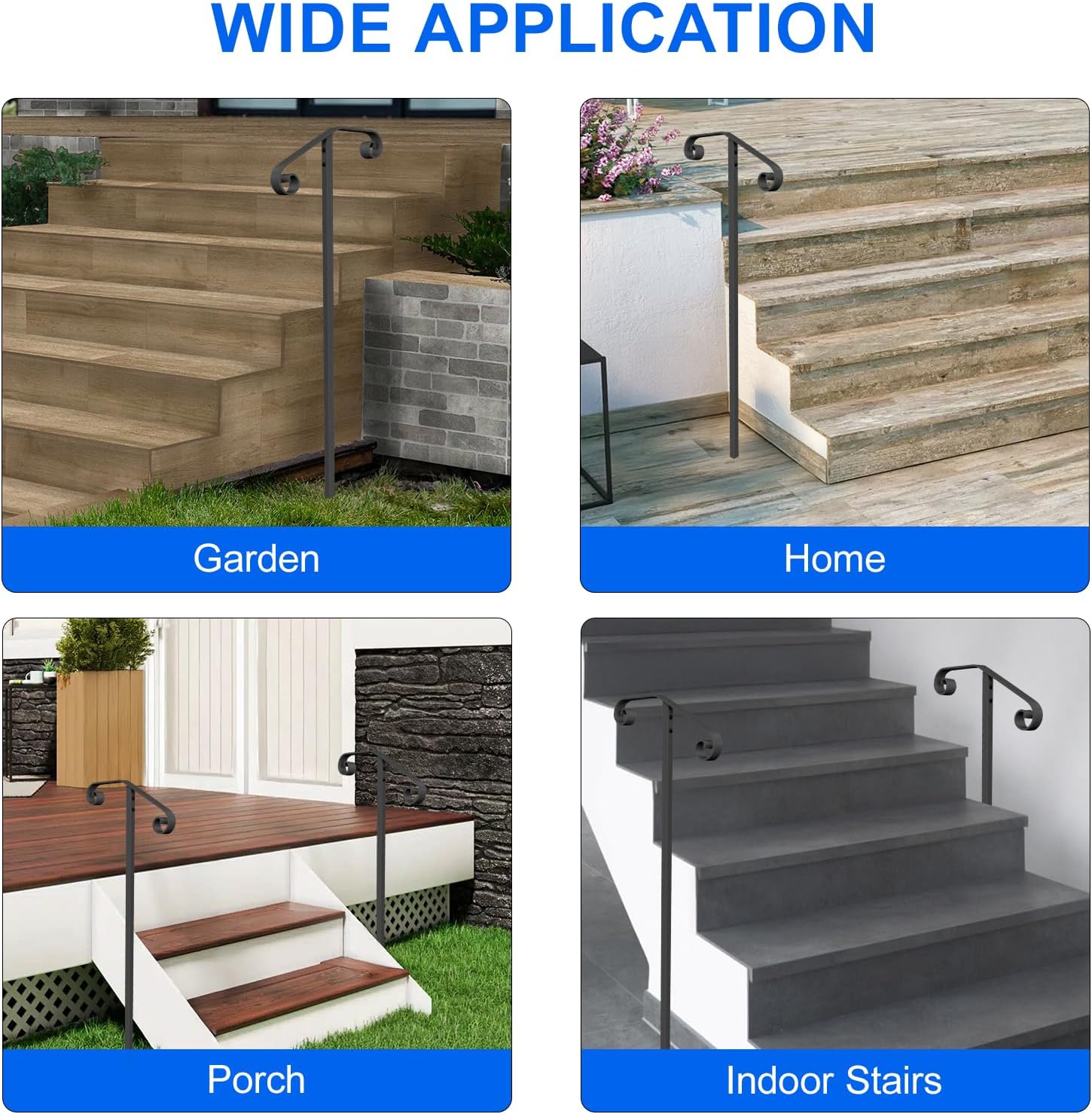 handrails for Outdoor Steps Single Post Handrails for Outdoor Steps Wrought Iron Single Post Handrail, Ground Long Post Fits 1 or 2 Steps Grab Rail Single Post Railing (1pcs Black)