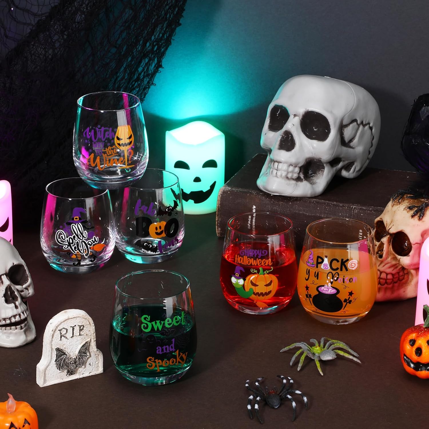 Zhehao 12 Pcs Halloween Wine Glass 12oz Witches Stemless Glass Spooky Happy Halloween Drinking Cups Party Gift for Party Event - Image 4