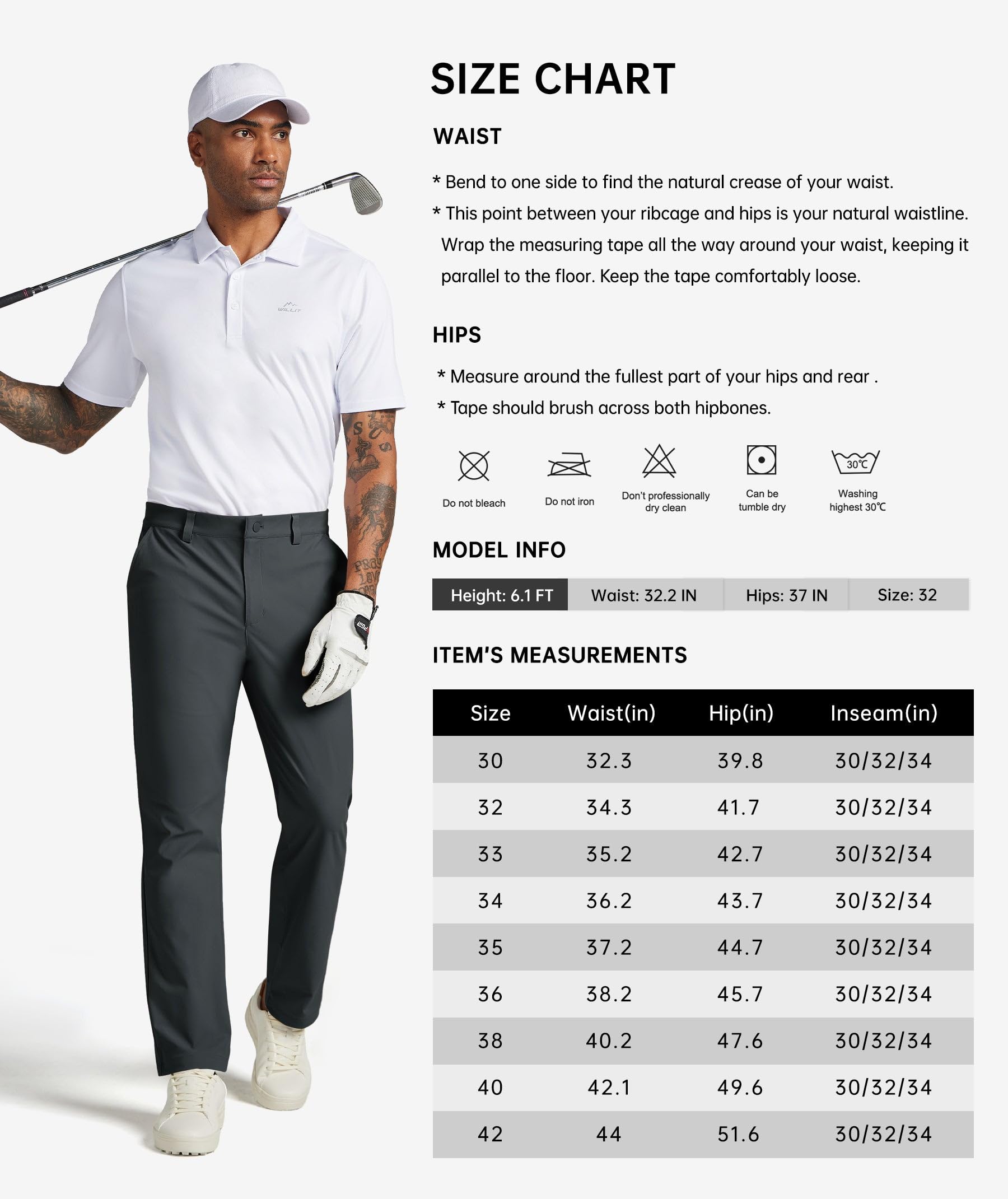 WILLIT Pantalones de golf para hombre Pantalones elásticos Pantalones de jogging Pantalones de trabajo de secado rápido Pantalones de oficina Pantalones casuales con 4 bolsillos 30"/32"/34"