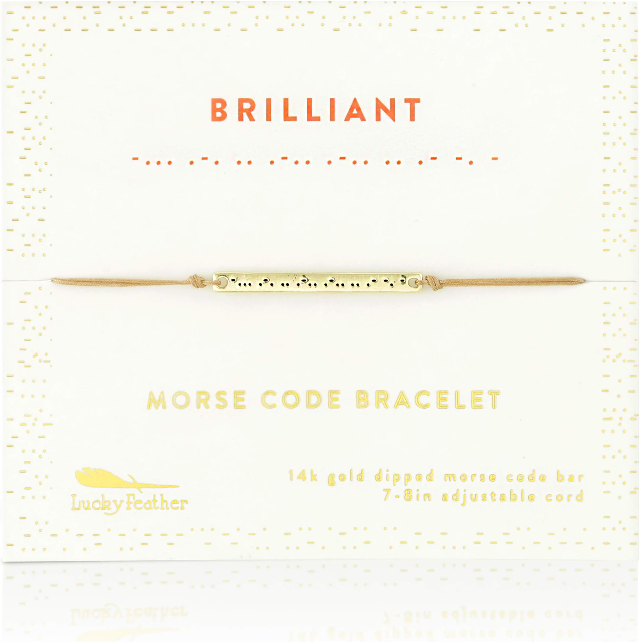 Lucky Feather Morse Code Bracelets for Women and Teenagers - 14K Gold Dipped Bar with Secret Message Engraved on Adjustable 7" - 8" Cord - Friendship Bracelet Gift for Her