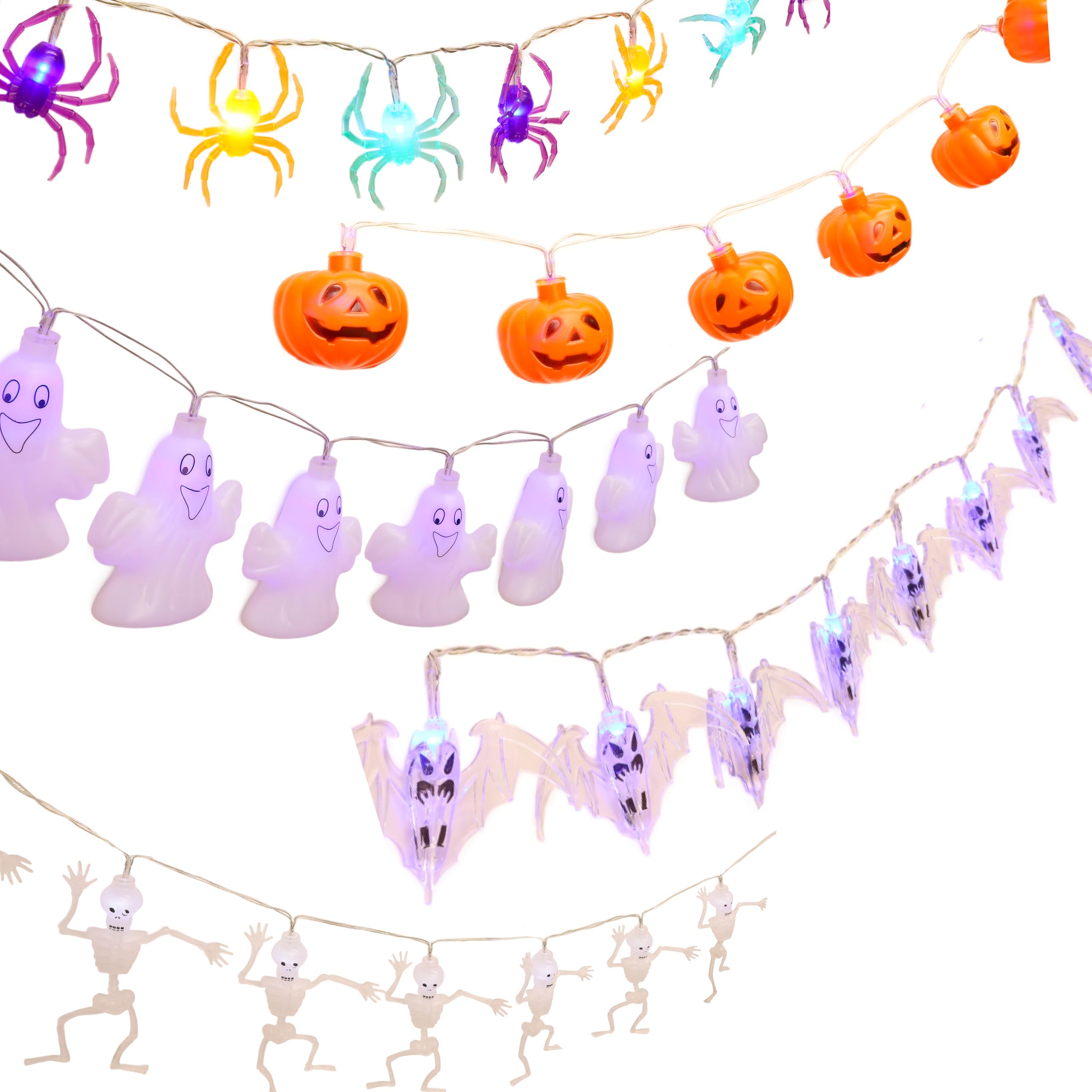 Christmas ConceptsPack of 5 Halloween LED Lights Bundle - Skeletons, Pumpkins, Spiders, Ghosts & Bats - Spooky Home Decorations - Battery Operated