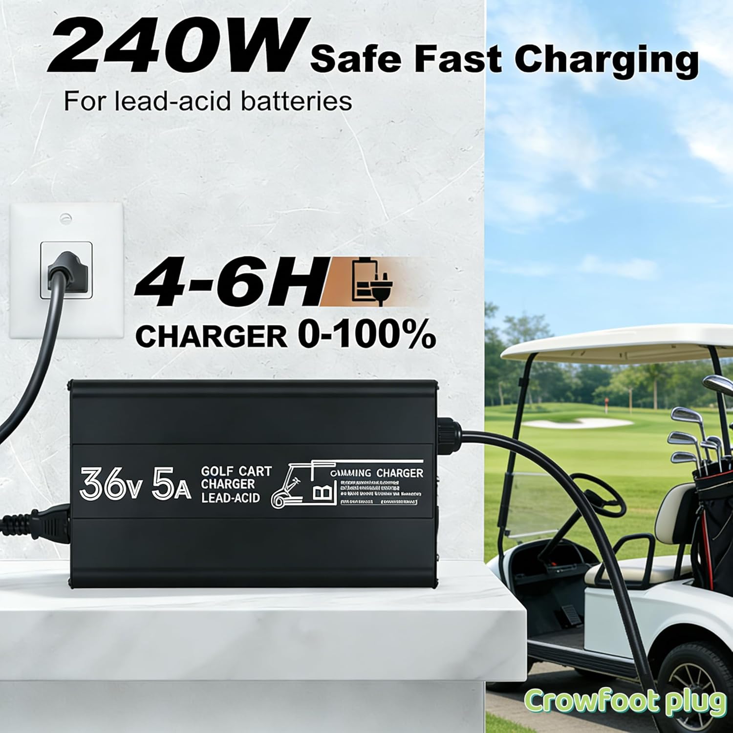 36V 5A Golf Cart Battery Charger Crow Foot 2 Prong Plug Replacement for Club Car DS TXT