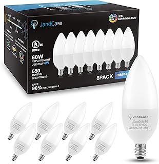 JandCase Candelabra Light Bulbs, Dimmable E12 Candle Bulbs, 6W (60W Equivalent), Warm White 2700K, Decorative Type B LED B...