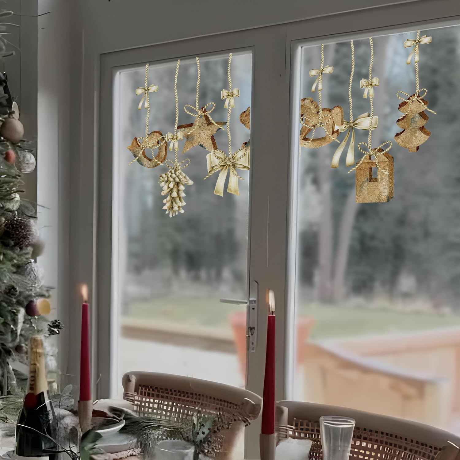 Alwayspon Non-Adhesive 60x38cm Christmas Elements Window Static Cling Sticker, Double-Sided Removable Christmas Decoration Vinyl Glass Sticker Decals for Kids Home, Wood Decoration
