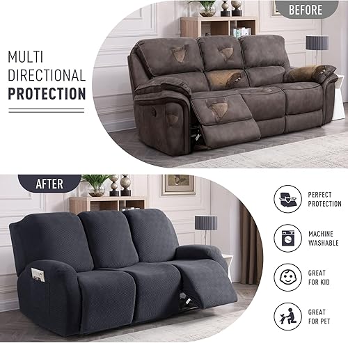 Vista 31 de KinCam Fundas para sillas reclinables, funda elástica y reclinable, fundas para sofá reclinable, fundas de sofá reclinable a rayas, fundas Gris