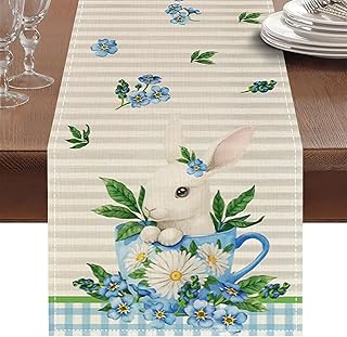 Easter Table Runner 13x72 Inch, Bunny Rabbits Daisy Floral Flowers Easter Runners for Table, Spring Kitchen Dinning Table Decorations for Indoor or Outdoor Home Party Decor