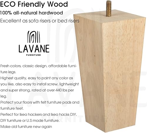 Miniatura 3 de La Vane - Patas de madera para muebles de 4 pulgadas, juego de 4 patas cuadradas de madera maciza sin terminar de mediados de siglo, modernas patas