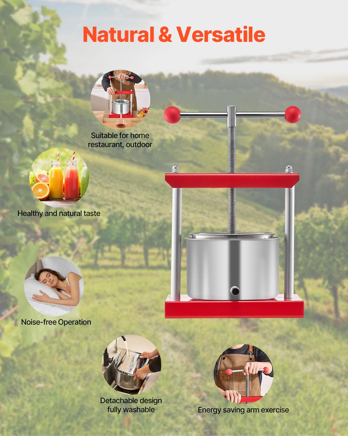 VEVOR Pressa Manuale per Vino di Frutta Cesto in Acciaio Inox 3L con Manico, Spremiagrumi Manuale per Bevande Alcoliche Pressa per Sidro, Mela, UVA, Tintura, Miele, Olio d'Oliva Cucina, Casa