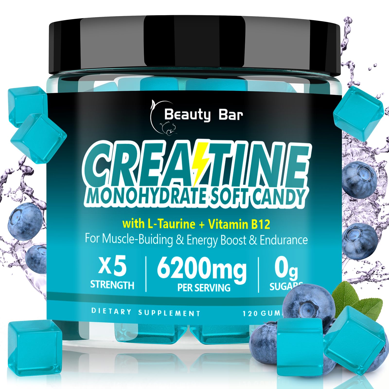 Creatine Monohydrate Gummies for Men & Women, Chewable Creatine for Enhanced Muscle Growth, Strength, and Recovery, Sugar Free Pre-Workout Supplement,120 Count,Blueberry Flavor