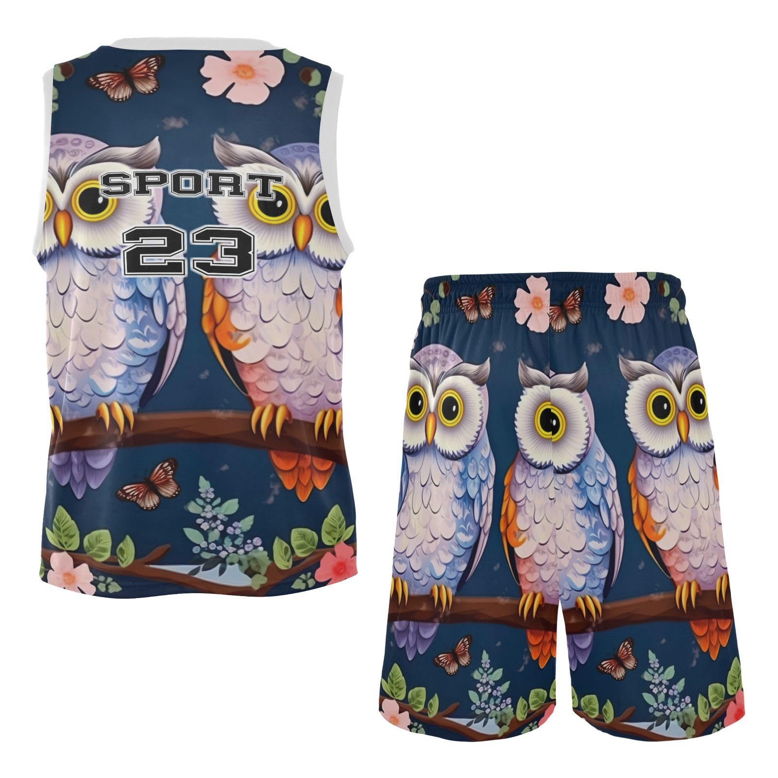 FLildon Owls on Floral Branch Boys Basketball Jersey Set Tank Top Shorts Tracksuit Sport Training Suit for Kids, L