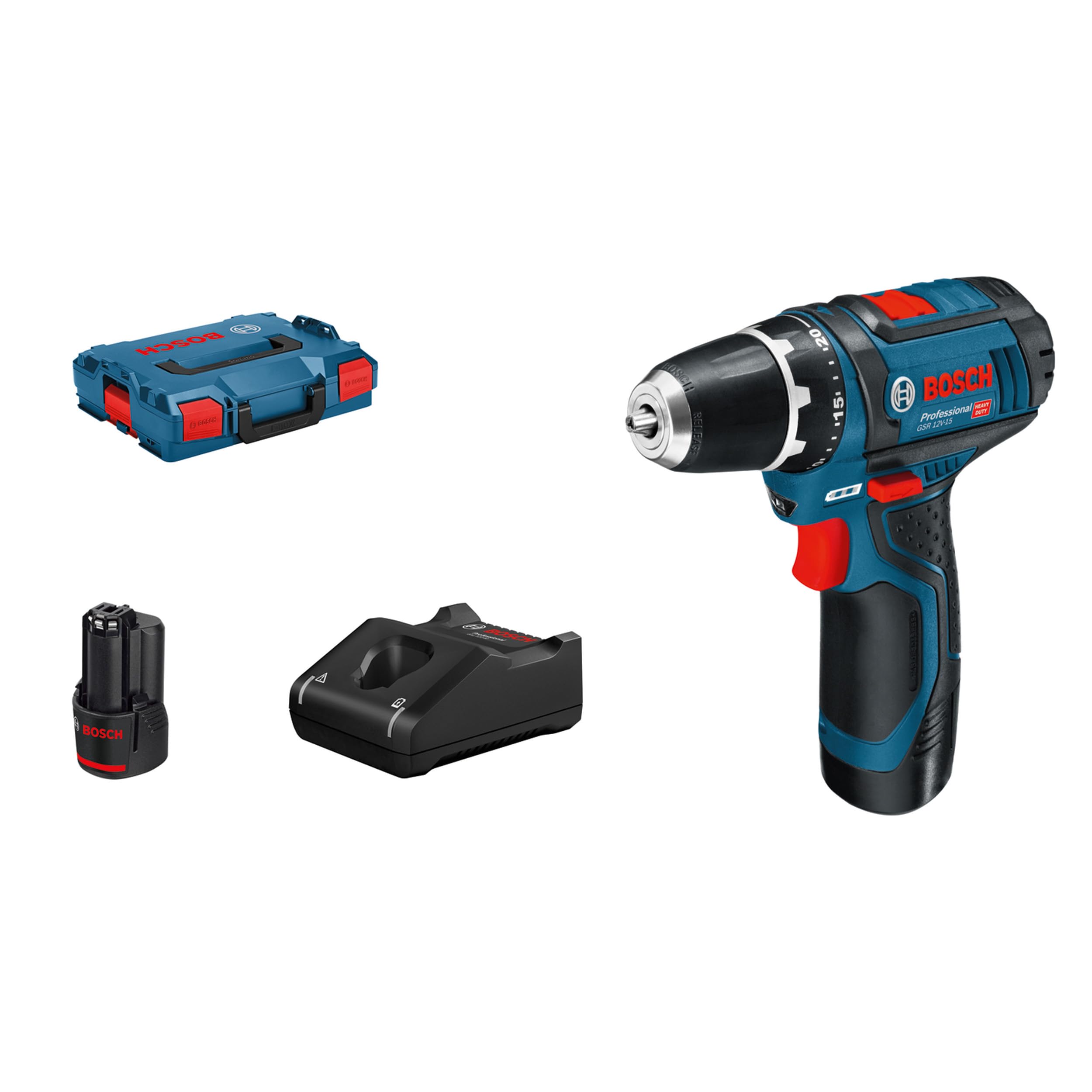 System profesjonalny 12 V firmy Bosch: wiertarko-wkrętarka akumulatorowa GSR 12V-15 (1 akumulator 2,0 Ah, ładowarka GAL 12V-40, walizka L-BOXX)