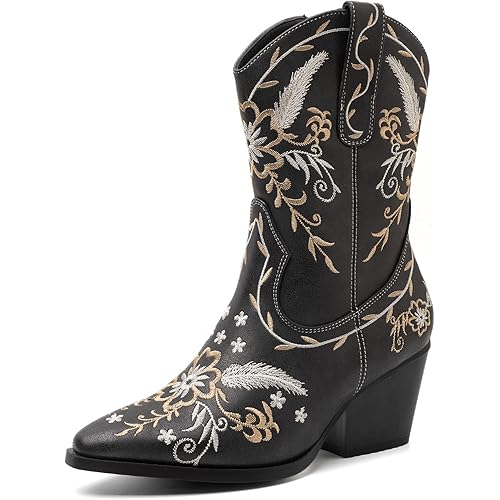 ANJOUFEMME Western Women's Cowboy Cowgirl Boots,Embroidered Round-toe Mid-calf Boots