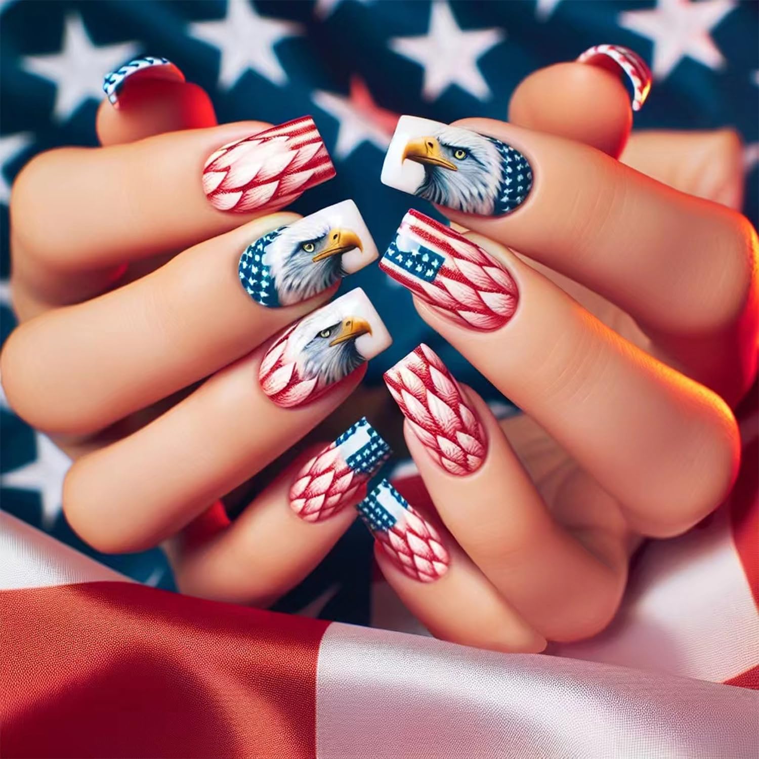 Independence Day Press on Nails Medium Square American Flag Design False Nails USA 4th of July Acrylic Fake Nail Glossy Patriotic Glue on Nail for