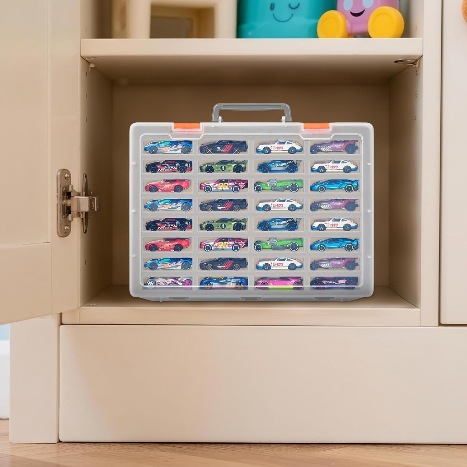 Toy Car Storage Organizer: 32 Foam Slots 1/64 Display Case for Hot Wheels/for Matchbox/for Others. Wall-Mountable Toy Car Carrying Case with Handle, Storage for Kid Collector- Transparent (Box Only)