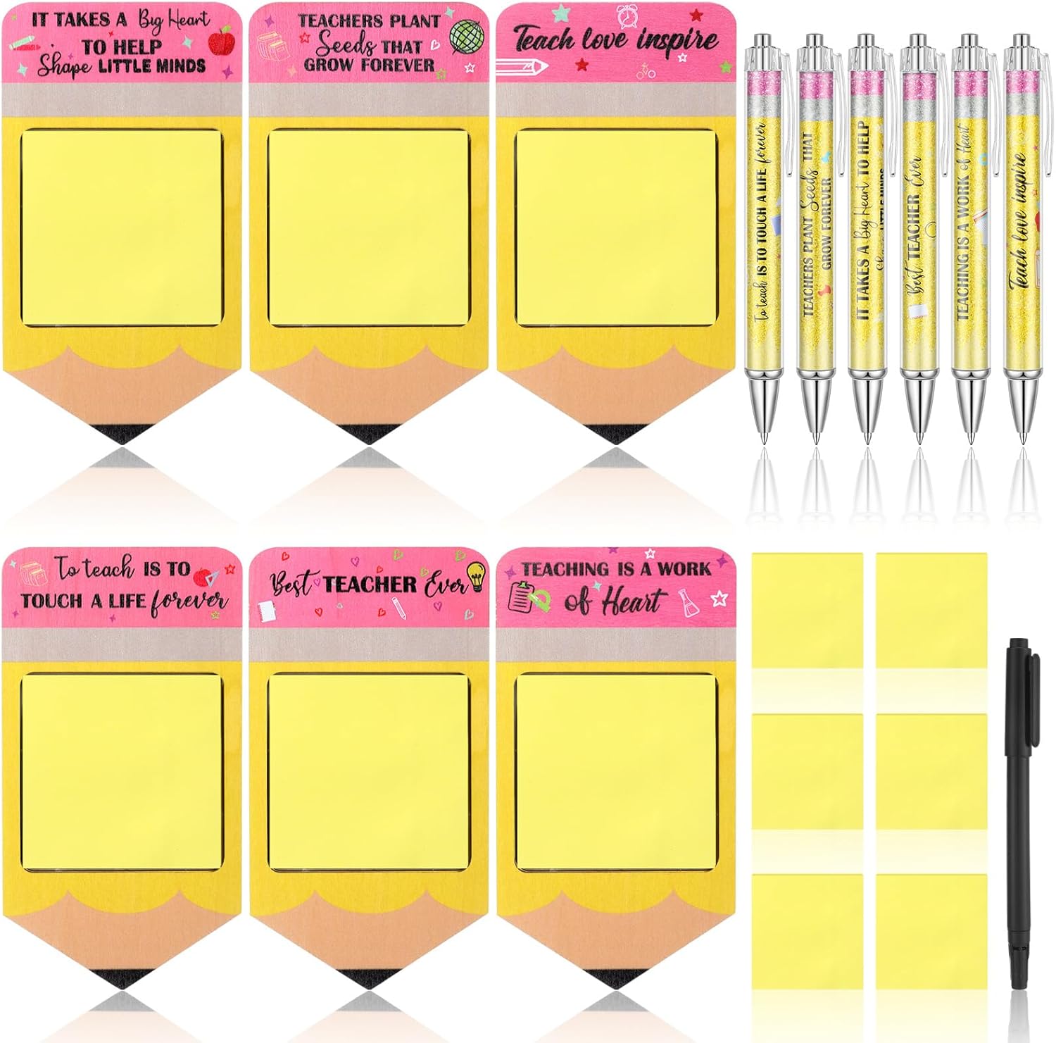 Supervitae 24 Set End of Year Student Gift Bulk from Teacher Wooden Sticky Note Holder with Glitter Ballpoint Pens Shape Pencil Organizer Teaching Thank You Gift for Desk Sign(Yellow,Pencil)
