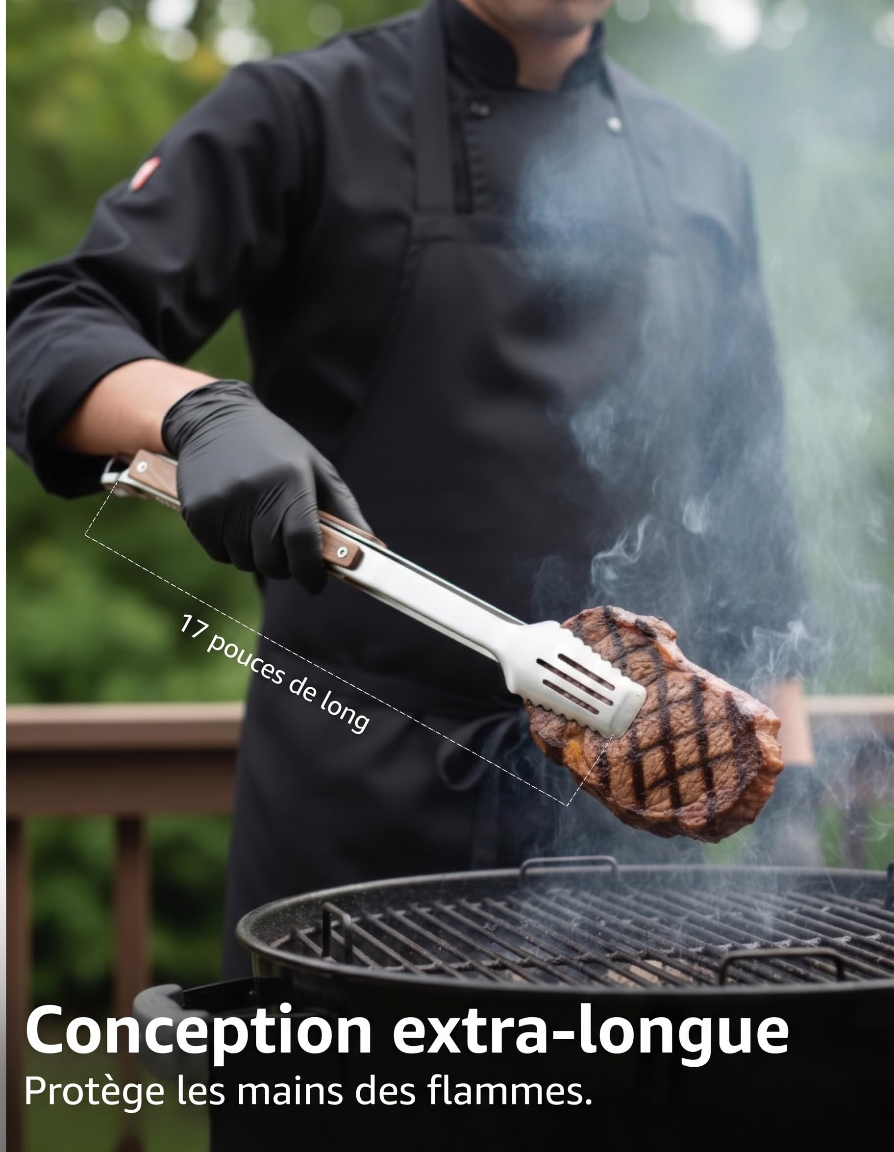Pince Barbecue 43 cm Acier Inoxydable 304 - Pince Grillade Extra-Longue avec Manche Bois de Noyer, Embouts Dentelés Fentes, Anneau Verrouillage et Crochet, Pochette Cadeau Incluse - Stone & Clark