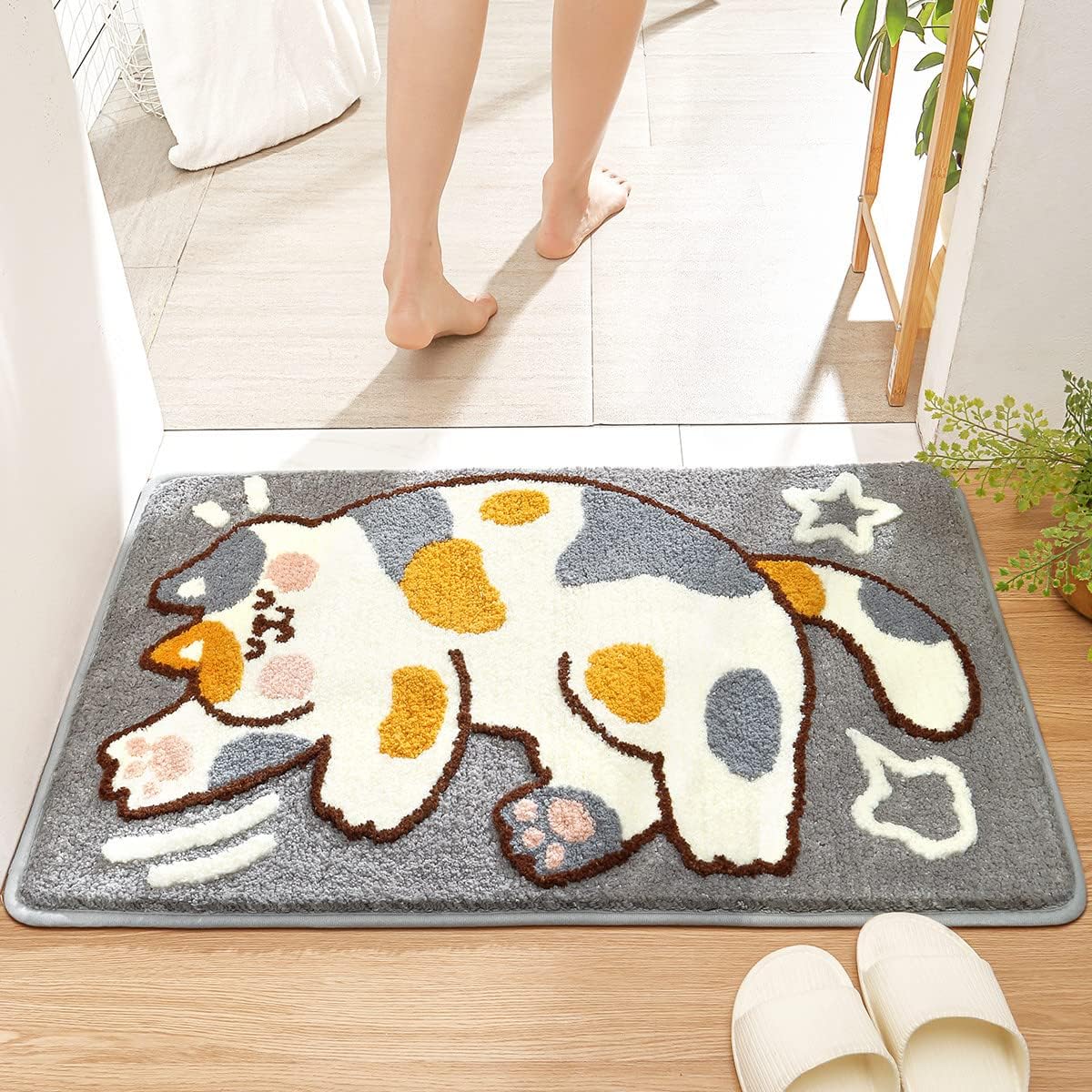 Cute Bath Rug 16 x 24 Cat Mat for Bathroom and Bedroom, Non Slip Absorbent Soft Microfiber Bathroom Mat Machine Washable Thick Plush Rugs for Shower, Calico Cat 16" x 24" Grey