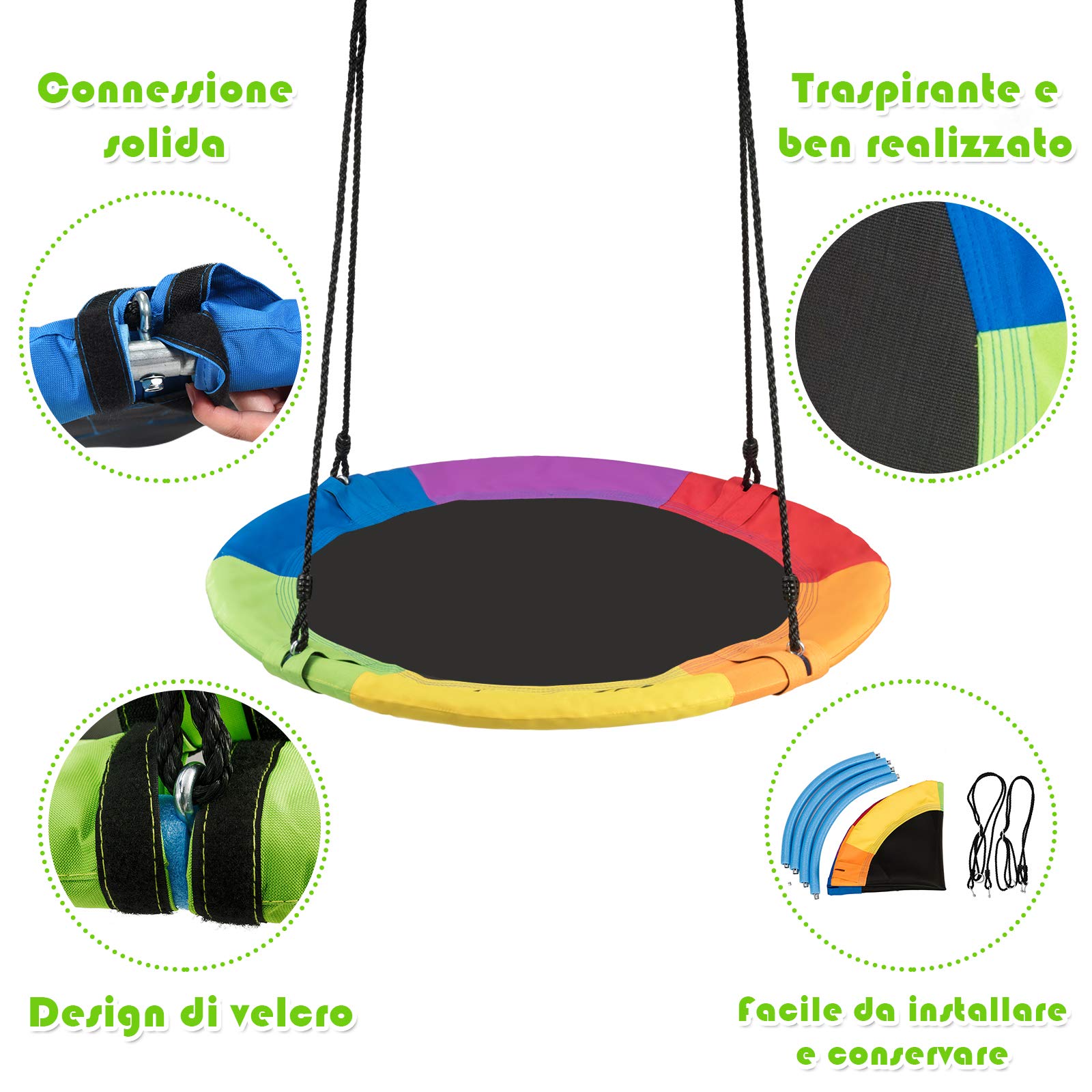 Altalena da Giardino Rotonda a Nido per Interni/Esterni Portata Max. 150 kg Diametro 100 cm Multicolore