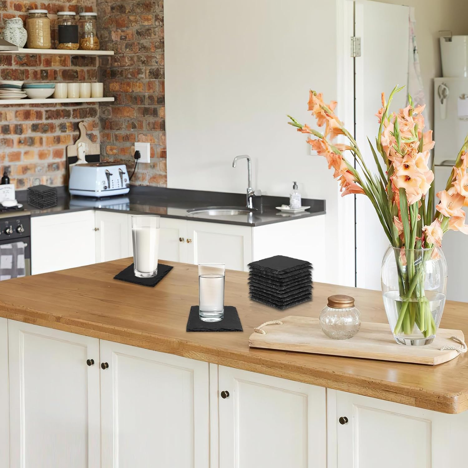 68 Pieces Slate Coasters, Dhfsleo Size 4 x 4 inch Black Coasters Stone Coaster Set, Square，Perfect for use in Your Home, Office, Kitchen,bar,Christmas or Anywhere.