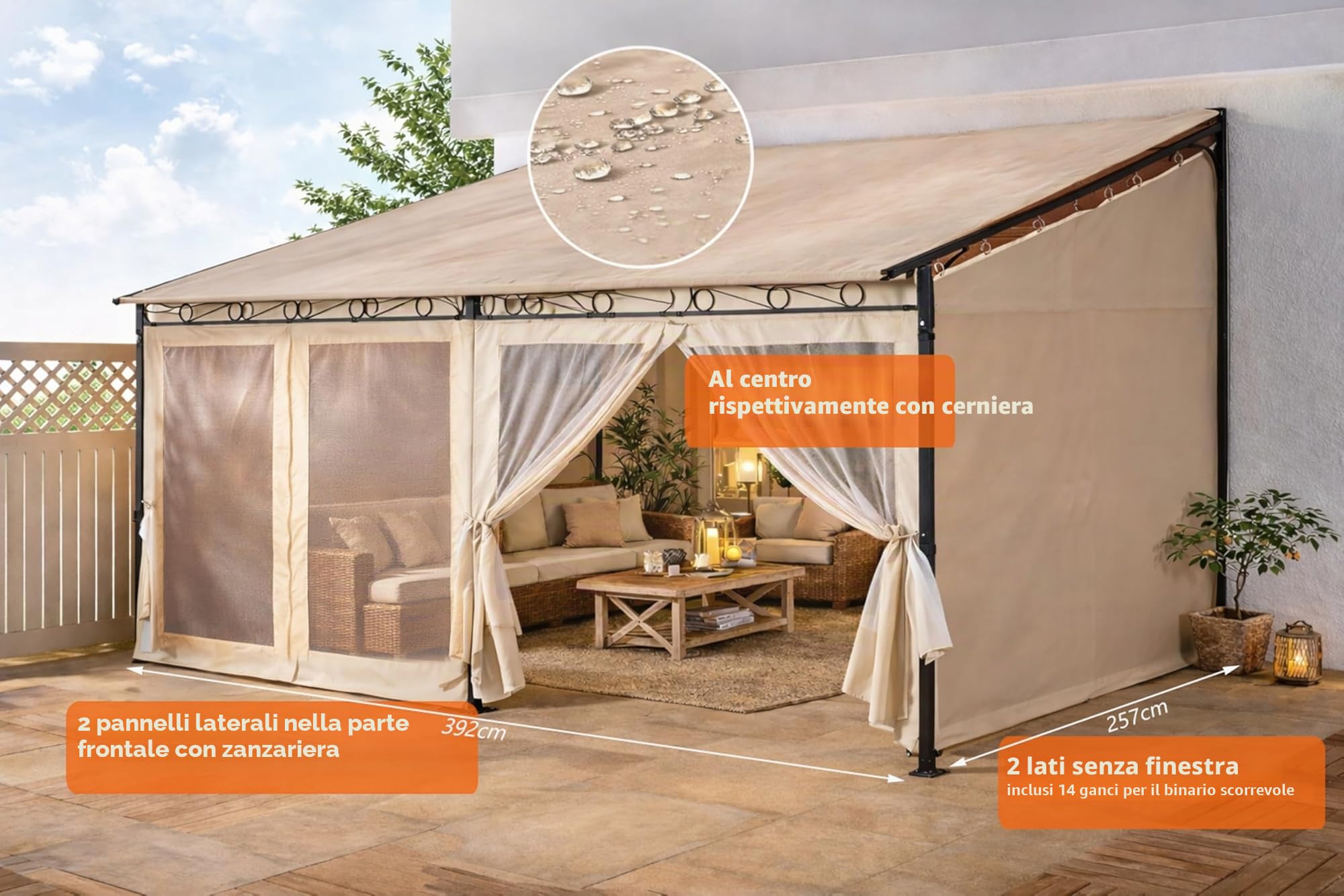 QUICK STAR 3 pannelli laterali per gazebo a rotelle, 3 x 4 m, colore: Sabbia