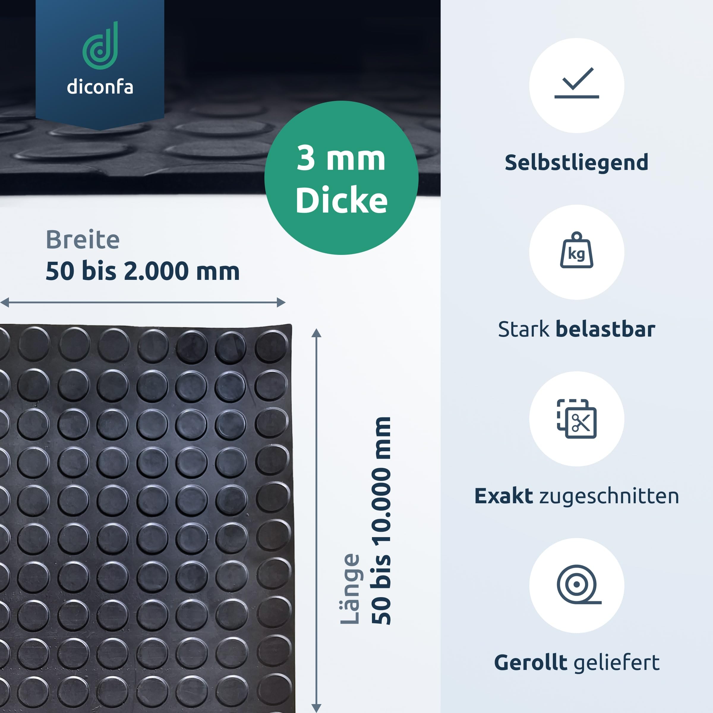 diconfa Noppenmatte Gummimatte 3mm WÄHLEN - BREITE 0,1m bis 2m - LÄNGE 0,05m bis 10m - Auswahl 1,5m x 2,2m (1500mm x 2200mm) - Meterware Gummimatten Antirutschmatte Werkstatt Garage Industrie