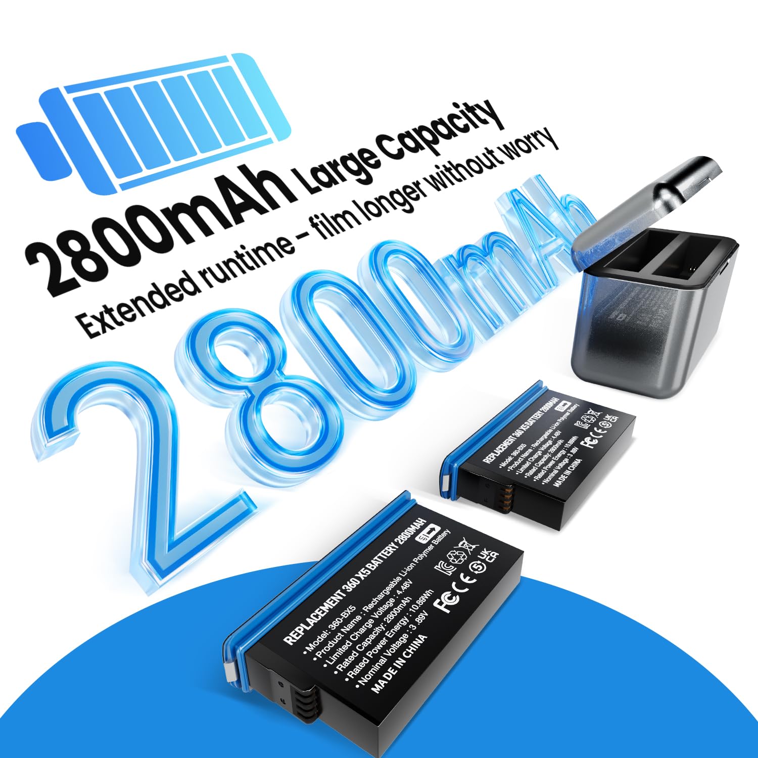 2PCS 2800mAh Baterías + Cargador Compatible con Insta 360 X5 Cámara | Carga Rápida, Accesorios Cámara para Cámara 360x5