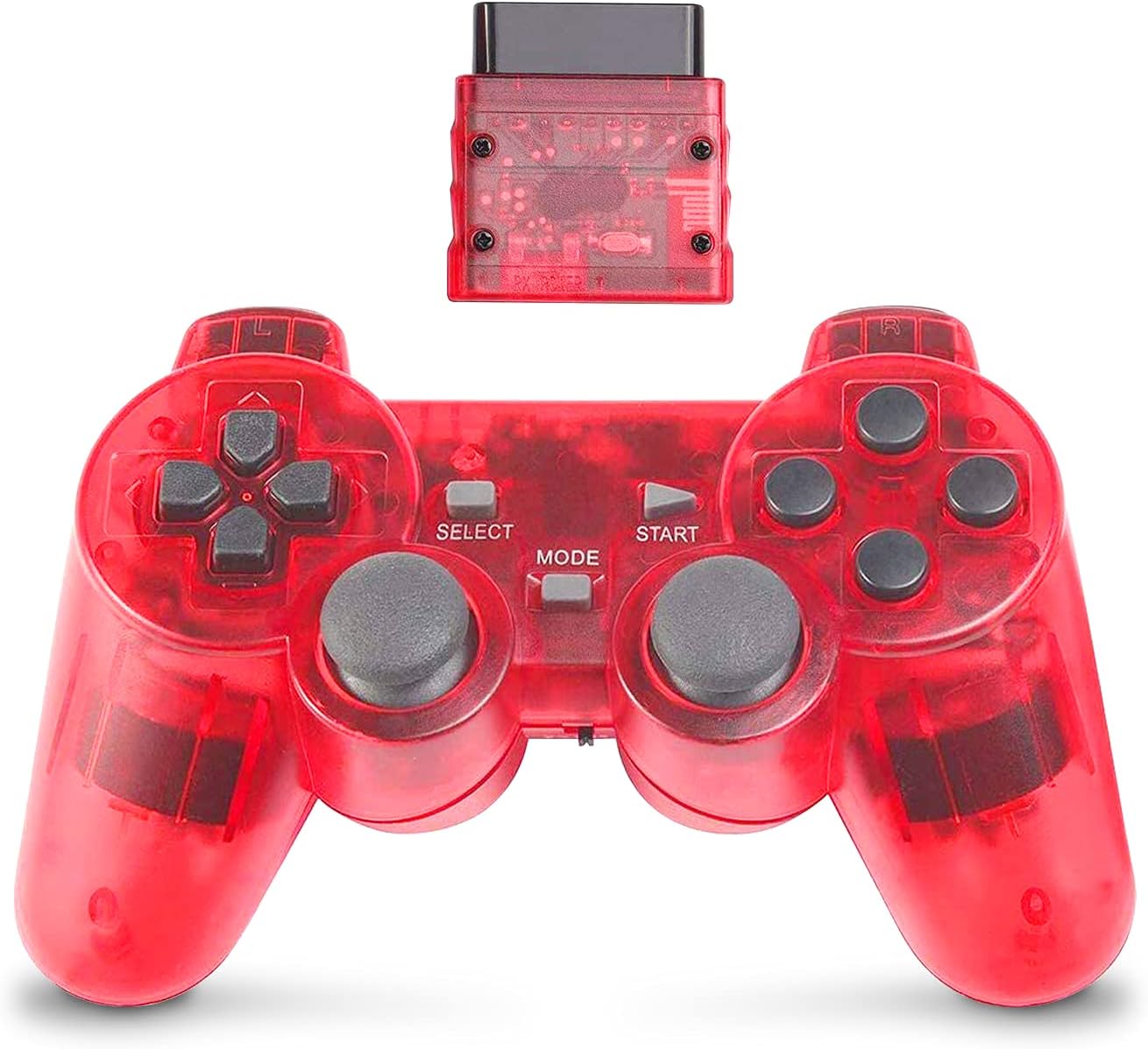 Wireless Controller for PS2 Dual Shock, Gamepad Remote Compatible with Playstation 2 (Clear Red)