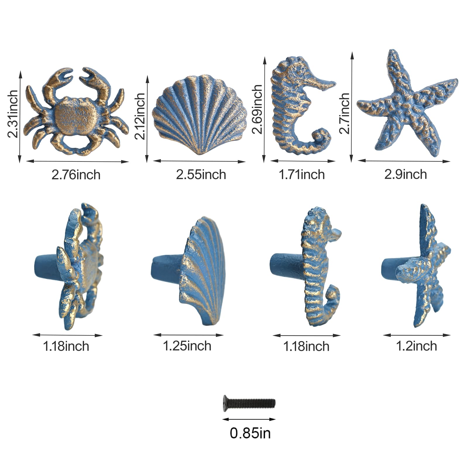 Primst Cast Iron Ocean Beach Theme Drawer Knobs Seahorse Starfish Crab Seashells Drawer Knobs for Drawer Door Dresser Cupboard (4 Pack) (Blue) : 