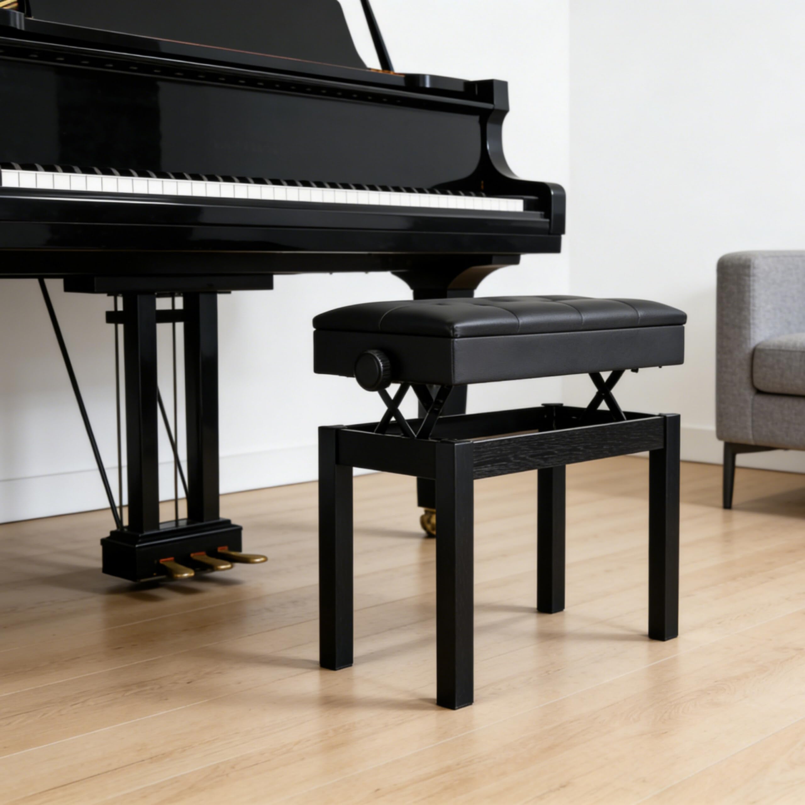 Banco de piano Relaxdays, regulable en altura, 48–58 x 55 x 33 cm, con almacenaje, madera, polipiel, negro