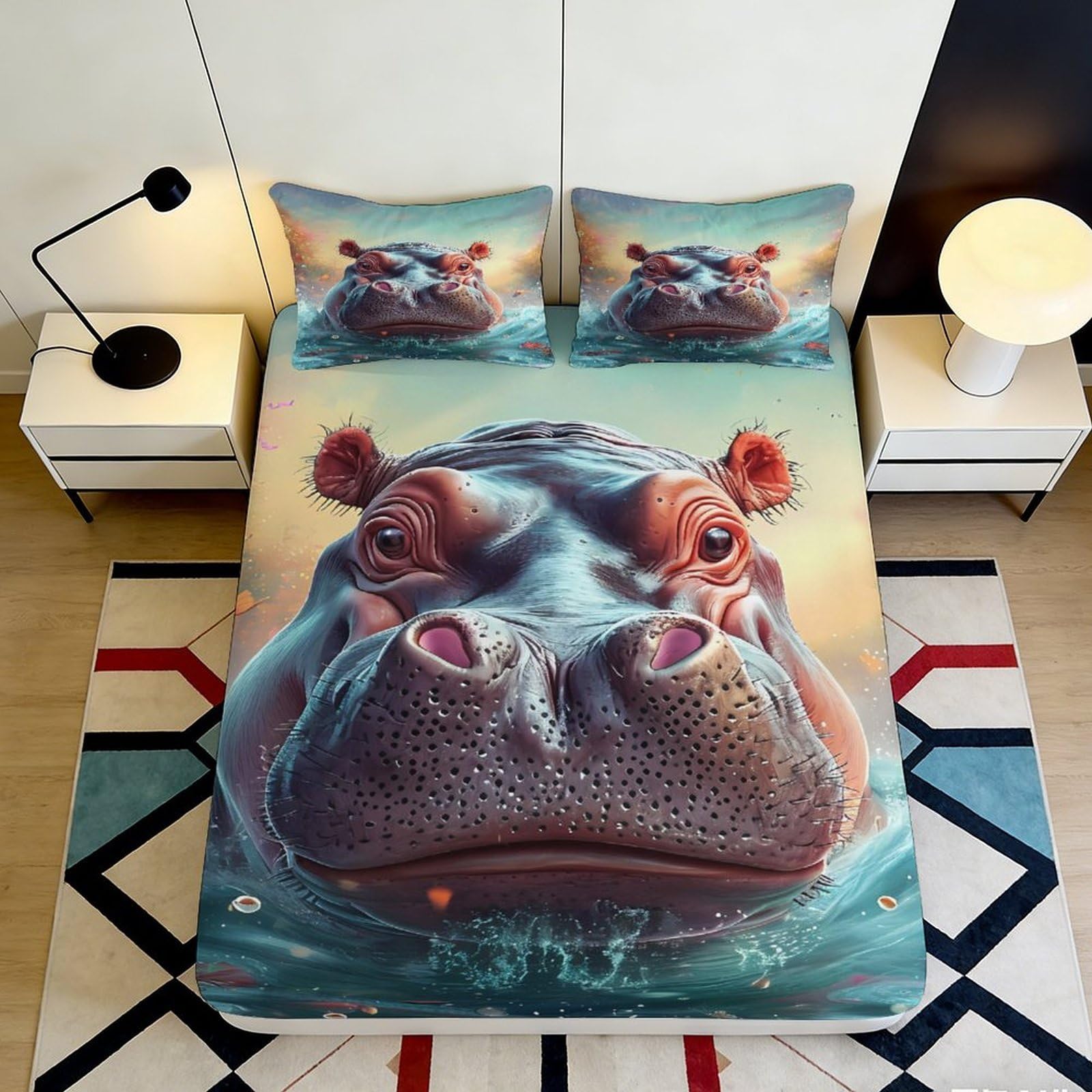 3D Printed Hippo Art Fitted Sheet Microfiber Soft Breathable Watercolor Animal Mattress Cover for Bedroom Guest Room Decor 90x200x25cm