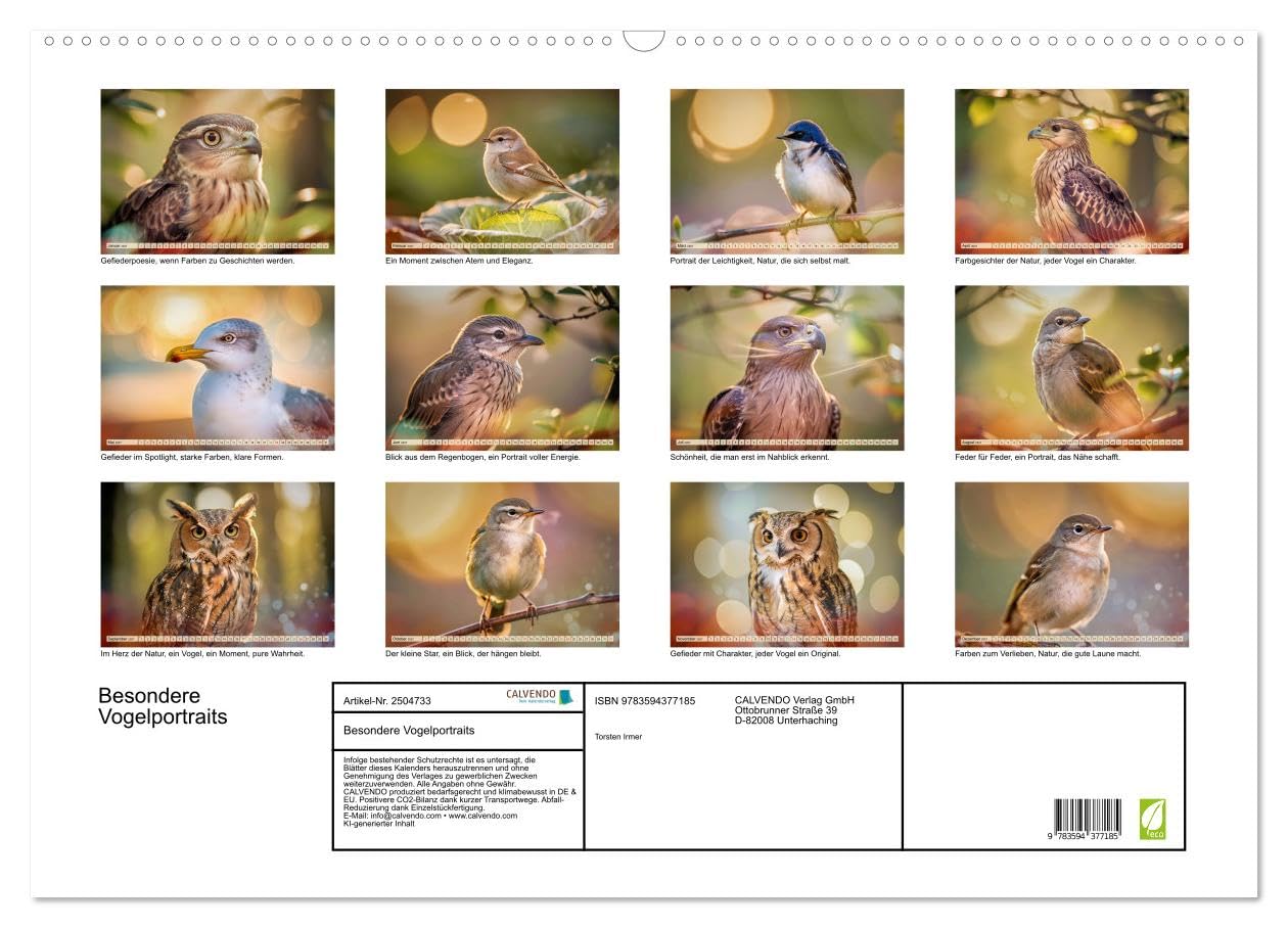 CALVENDO · Besondere Vogelportraits (Kalender 2027) | DIN A2 Querformat · Wandkalender · zeigen Vögel in einer Intensität, die man selten so nah erlebt: feine Federstrukturen…