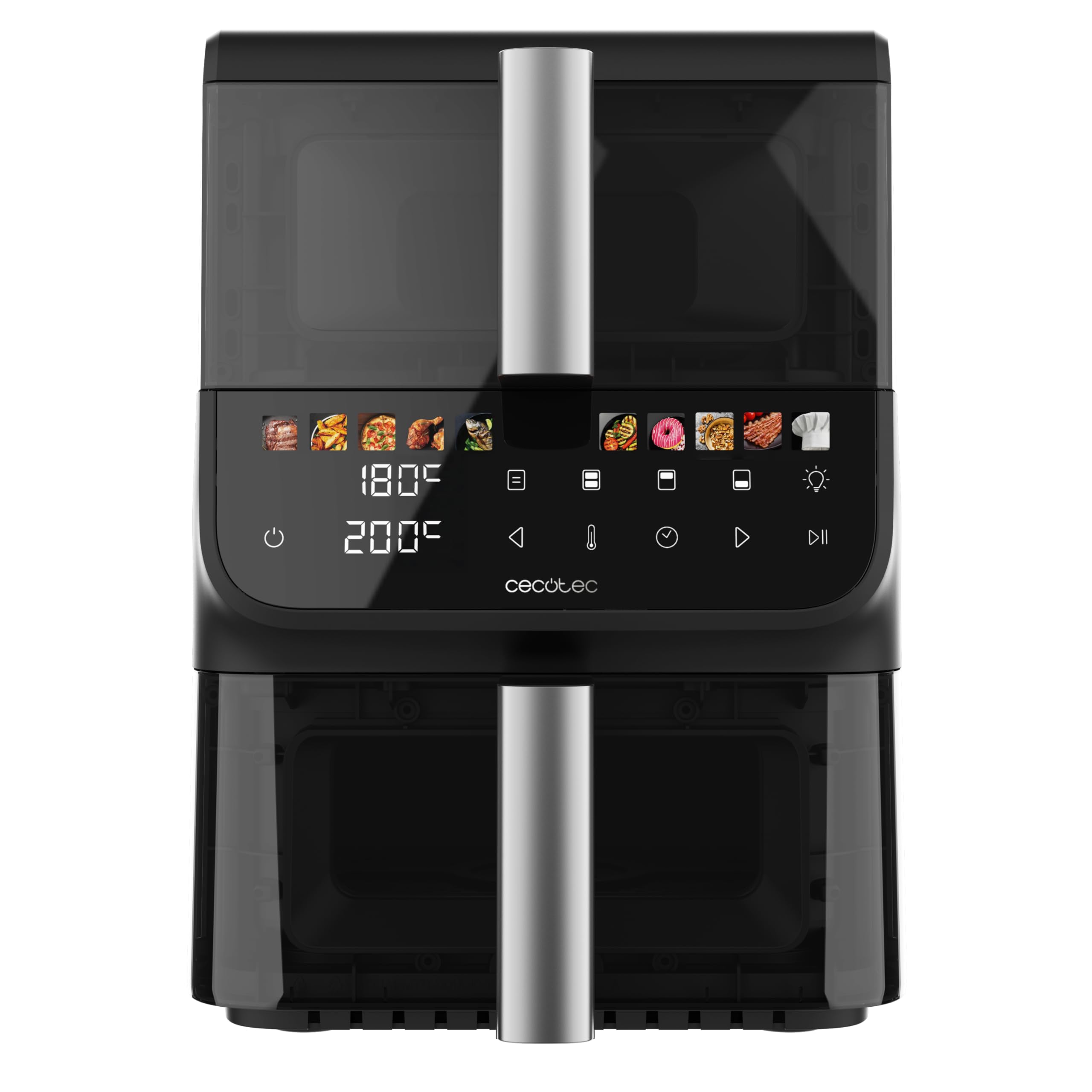 Cecotec Bezolejowa frytkownica powietrzna - Air Fryer 10L Cecofry DuoLevel 10000 DuoSize Window. 2000 W, konstrukcja pionowa, 2 zbiorniki 3,5 l i 6,5 l, synchronizacja, 10 menu, temperatura 80-200ºC