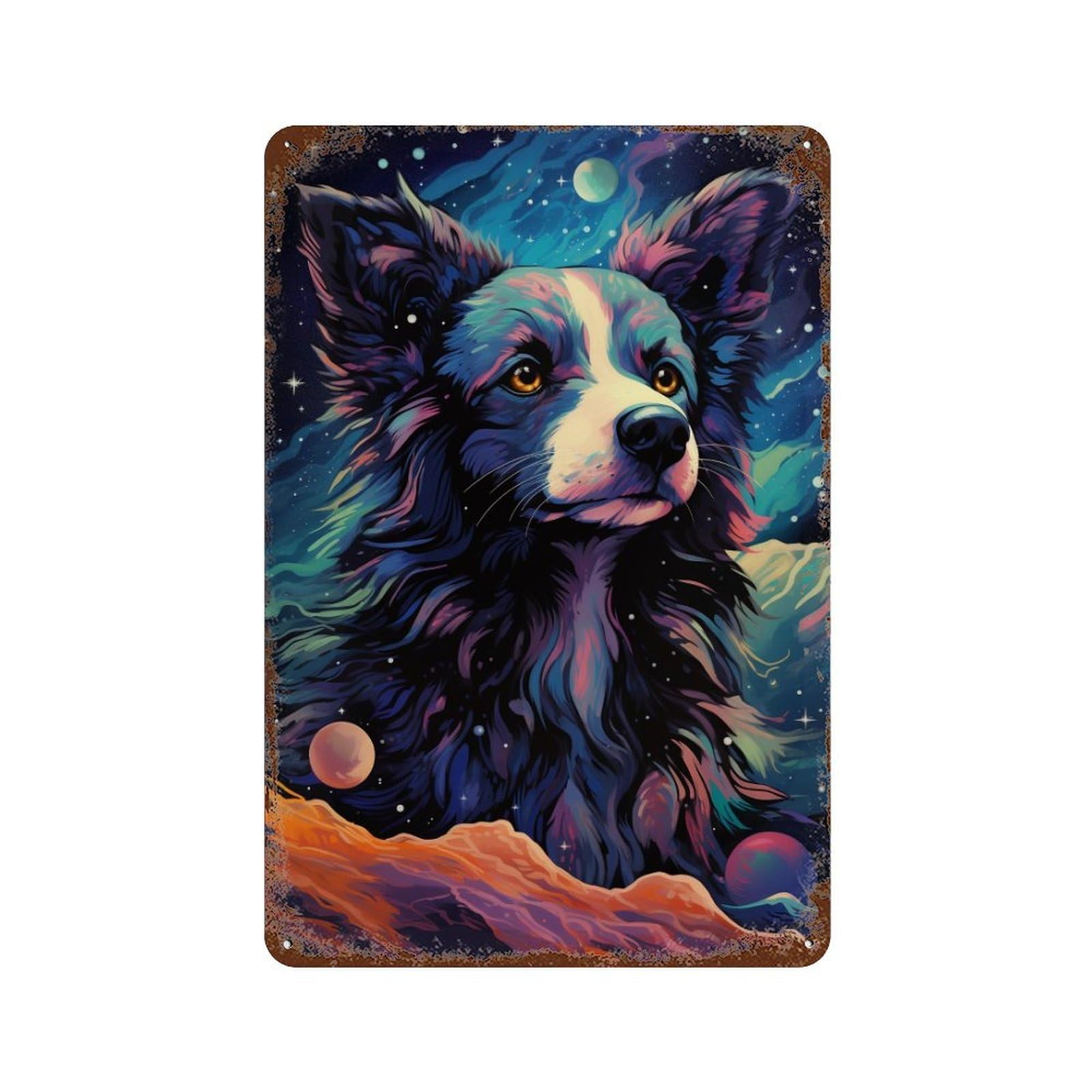 Distressed Metal Wall Sign with Cosmic Canine Canvas-5 Design 11.8"x7.9", for Shed, Workshop And Garage Wall Decor, Decorative Metal Wall Art