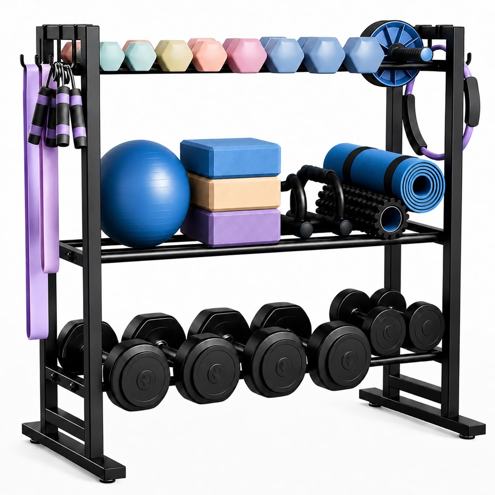 3-Stöckiger Hantelständer, 204kg / Verlängerter Sockel Hantelablage | Breite Verstellbarer, 6 * Seitlichen Haken, 82 × 42 × 80 cm, Kurzhantel Ständer Fitnessgeräte Aufbewahrung für Home Gym