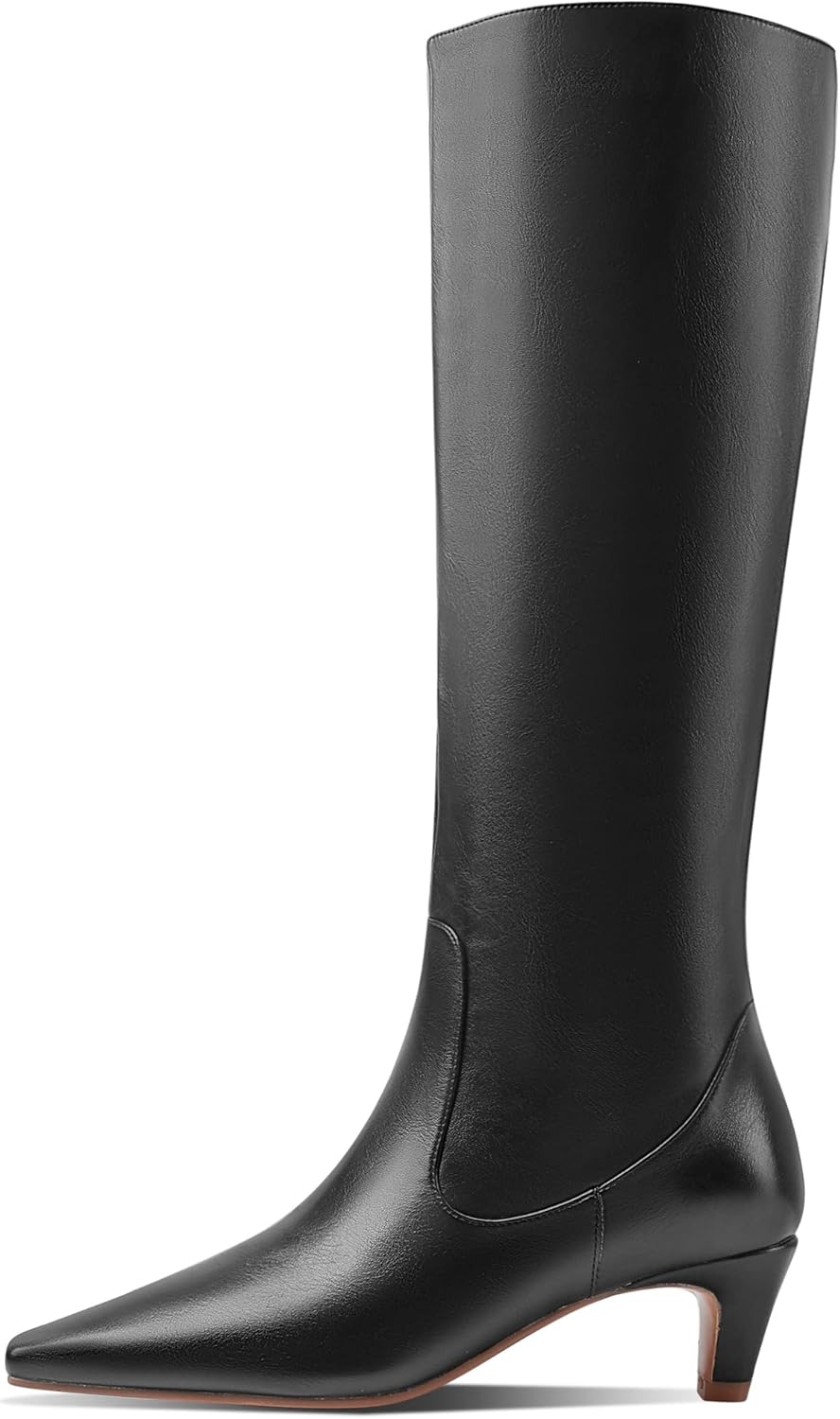 Women's Fashion Square Toe Matte Leather Solid Color Wide Calf Comfortable Slip On Low Kitten Heel Dress Knee High Boots Black Size 6 - Image 3
