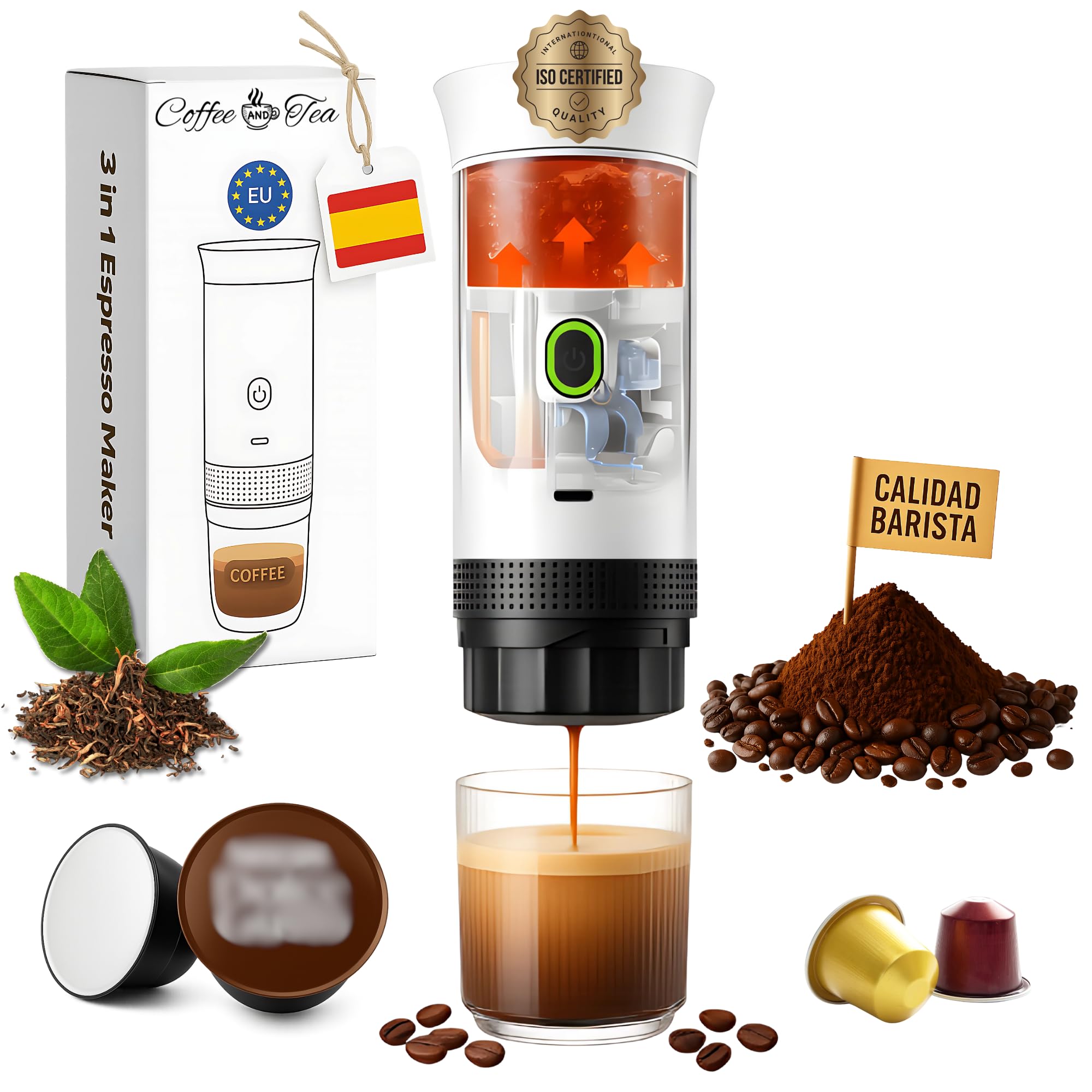 Cafetera Portatil Capsulas, Cafetera Multicapsulas y Molido, Maquina de Cafe, Cafetera Capsulas Portatil, Calienta Agua Batería Recargable USB, Ideal Viajes, Camping y Oficina (Blanca)
