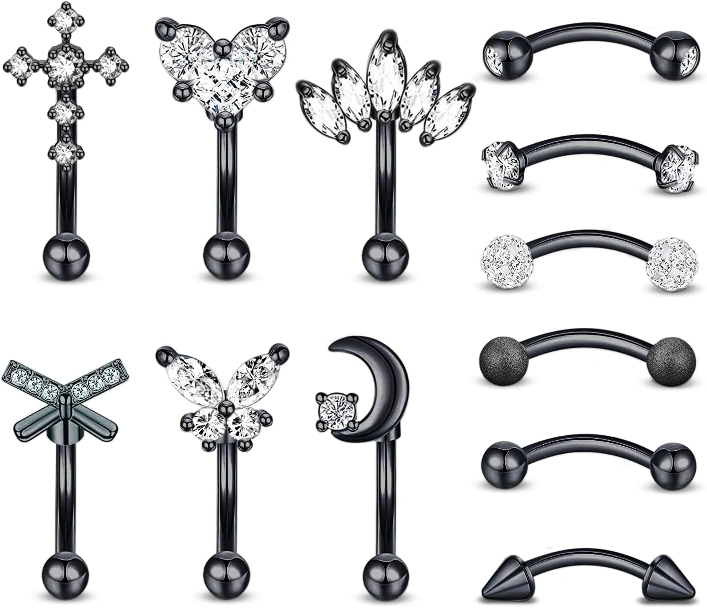 Uboory 12psc Piercing Jewelry Kit Cartilage Earring Tragus Piercing Jewelry Helix Piercing Jewelry Curved Barbell Eyebrow Rings for Women and Men 316L Surgical stainless steel