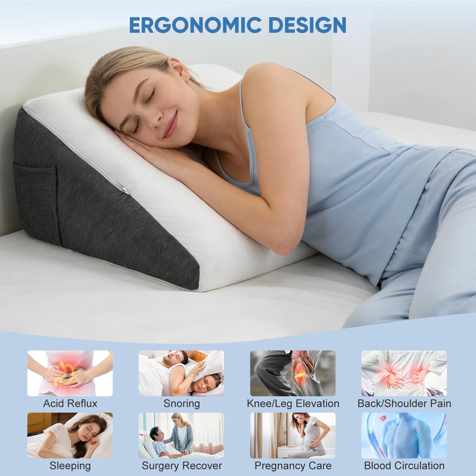 Cuscino a cuneo per letto e divano, doppio cuscino da lettura per alzare il sonno, per apnea del sonno da reflusso, rialzatore, cuscino per supporto per la schiena durante il gioco, 50 x 50 x 26 cm