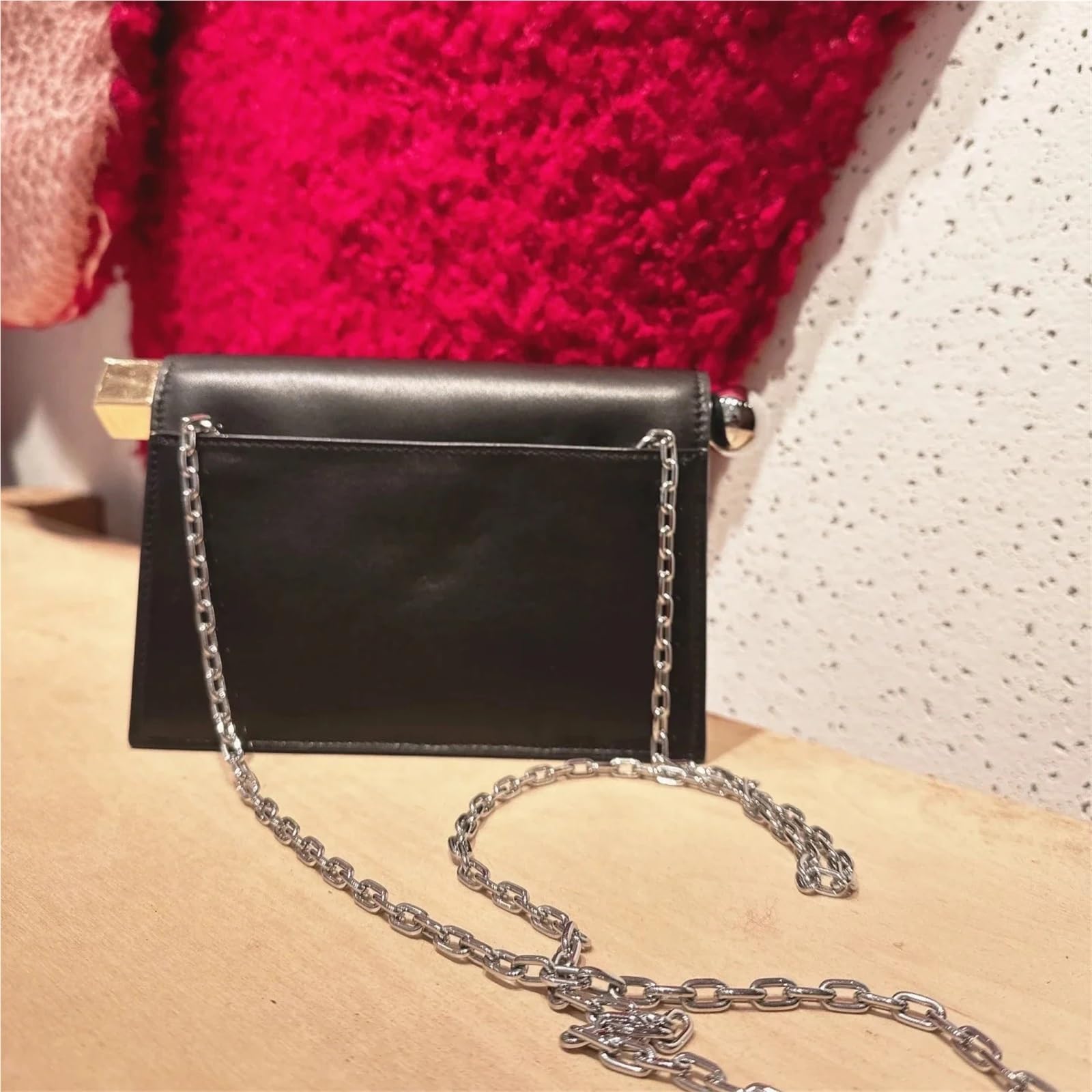 Pochette Da Donna Pieghevole In Pelle Con Bordo Arrotolato Sera Tracolla A Catena Per Donna(Black)