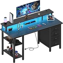 Lufeiya Black Gaming Desk with LED Lights and Power Outlets, 47 inch Computer Desk with Fabric Drawers and Storage Shelves, Home Office Desk with Monitor Stand, Black