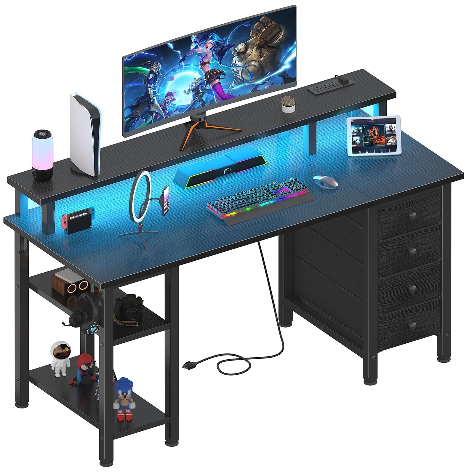 Lufeiya Black Gaming Desk with LED Lights and Power Outlets, 47 inch Computer Desk with Fabric Drawers and Storage Shelves, Home Office Desk with Monitor Stand, Black