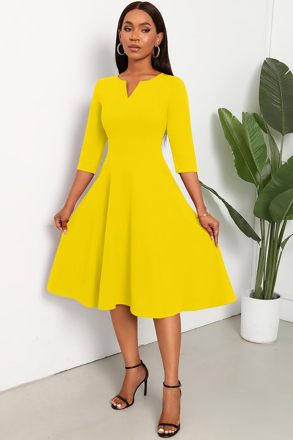 Nmoder Midi Dresses for Women A-Line Fit and Flare Dress 3/4 Sleeve V Neck Cocktail Wedding Guest Work Dress with Pockets - Image 3