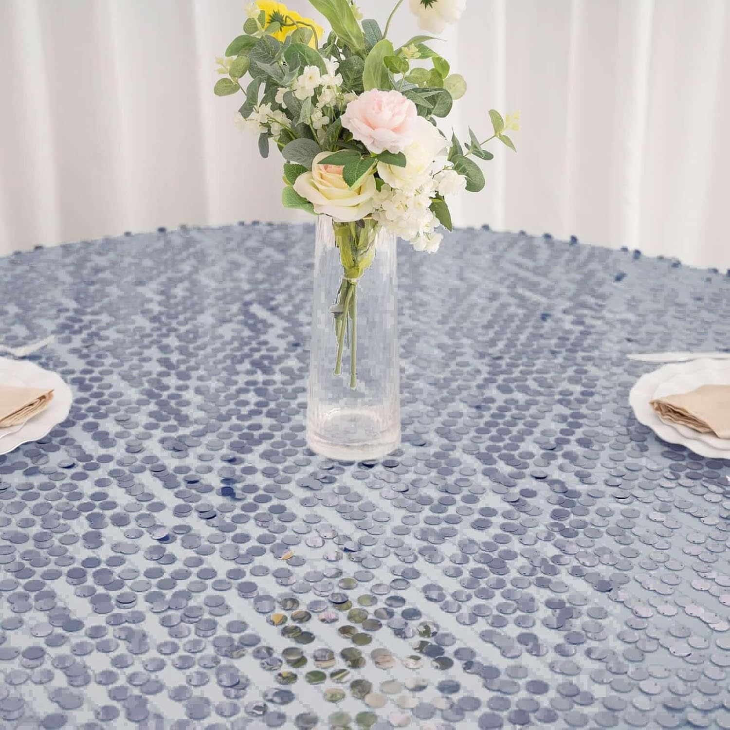 Efavormart 120" Big Payette Iridescent Dusty Blue Sequin Round Tablecloth Premium Collection Table Cover Sparkle Metallic Sequence Table Cloths for Birthday Party Baby Shower Wedding Covers