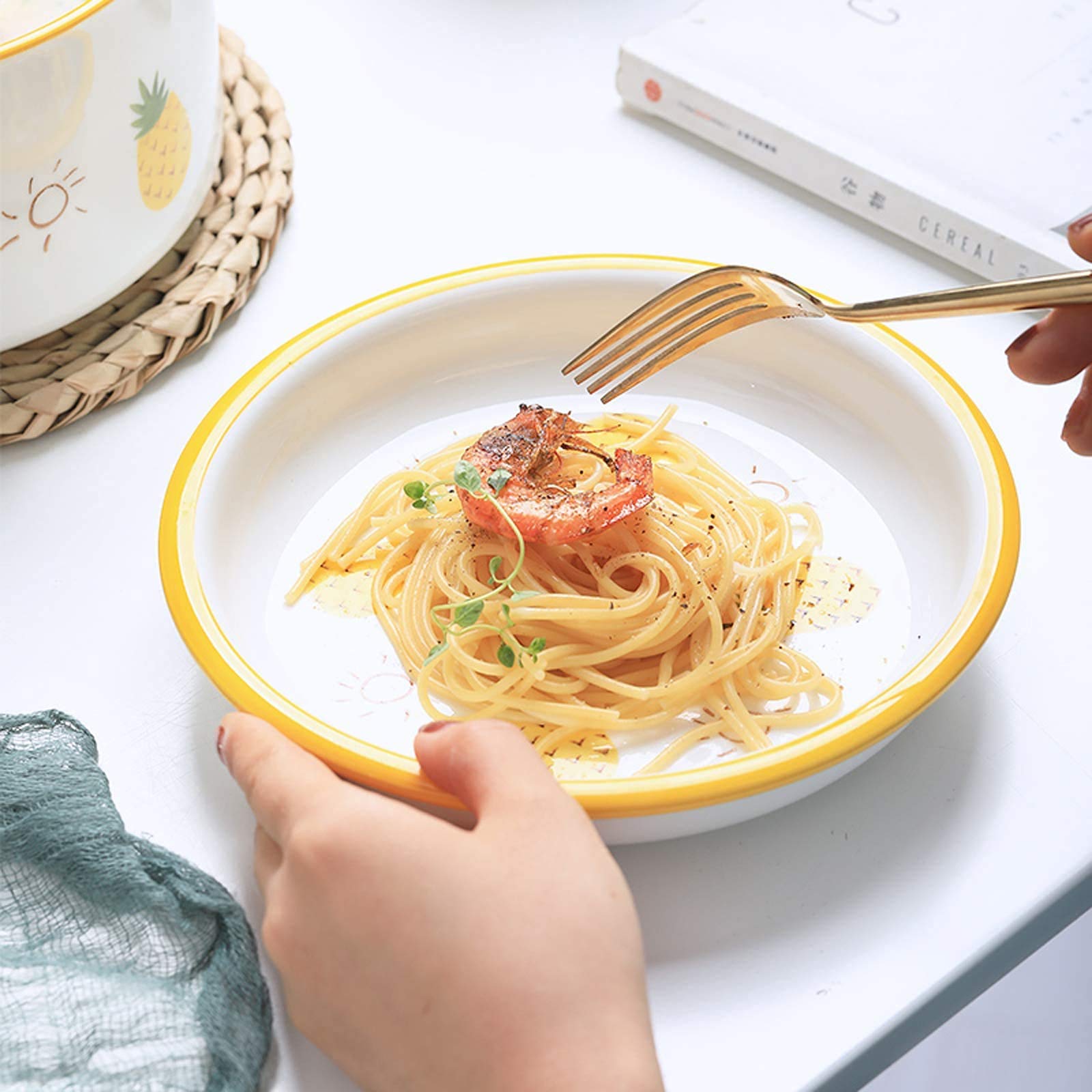 Juego de vajilla de Cocina, vajilla de cerámica, Juego de vajilla de Porcelana Serie Pineapple de 25 Piezas, Olla con Tapa, tazón para Cereales y Plato para Car(