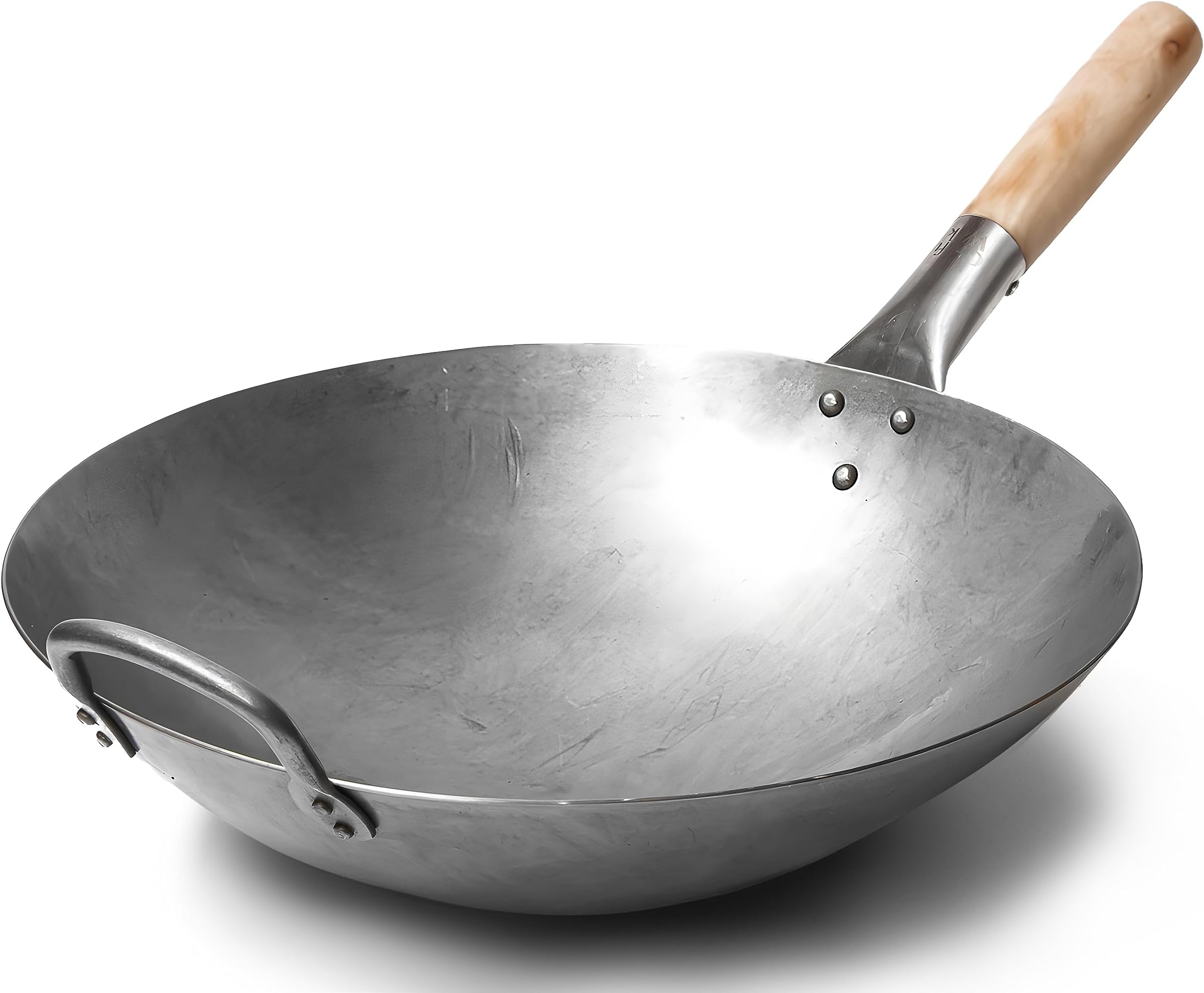 Traditional Hand Hammered Carbon Steel Pow Wok with Wooden and Steel Helper Handle (14 Inch, Round Bottom)/731W88